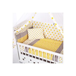 Ahşap Beşik Anne Yanı Beşik Beyaz 60x120 Sarı Yıldız Tek Yastıklı Uyku Seti Yatak