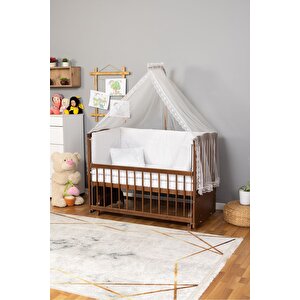 Ahşap Beşik Anne Yanı Beşik Ceviz 60x120 - Beyaz Güpür Uyku Seti + Yatak