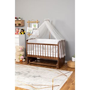 Ahşap Beşik Anne Yanı Beşik Ceviz 60x120 - Beyaz Güpür Uyku Seti + Yatak