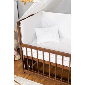 Ahşap Beşik Anne Yanı Beşik Ceviz 60x120 - Beyaz Güpür Uyku Seti + Yatak