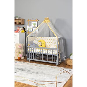 Ahşap Beşik Anne Yanı Beşik Gri 60x120 Sarı Yıldız Uyku Seti Yatak