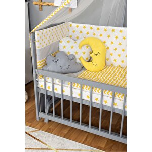 Ahşap Beşik Anne Yanı Beşik Gri 60x120 Sarı Yıldız Uyku Seti Yatak