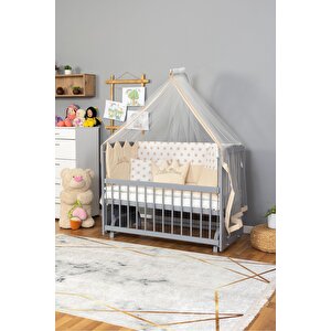 Ahşap Beşik Anne Yanı Beşik Gri 60x120 - Krem Nakış(erkek) Uyku Seti + Yatak