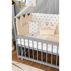 Ahşap Beşik Anne Yanı Beşik Gri 60x120 - Krem Nakış(erkek) Uyku Seti + Yatak