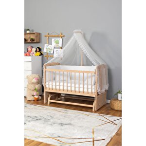 Ahşap Beşik Anne Yanı Beşik Organik(boyasız) 60x120-beyaz Güpür Uyku Seti + Yatak