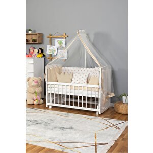 Ahşap Beşik Anne Yanı Beşik Beyaz 60x120 - Krem Nakış(yazısız) Uyku Seti + Yatak