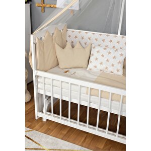 Ahşap Beşik Anne Yanı Beşik Beyaz 60x120 - Krem Nakış(yazısız) Uyku Seti + Yatak