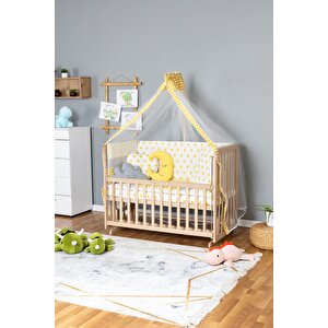 Ahşap Beşik Anne Yanı Beşik Organik 70x130 - Sarı Yıldız 3 Yastıklı Uyku Seti + Yataklı