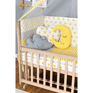 Ahşap Beşik Anne Yanı Beşik Organik 70x130 - Sarı Yıldız 3 Yastıklı Uyku Seti + Yataklı