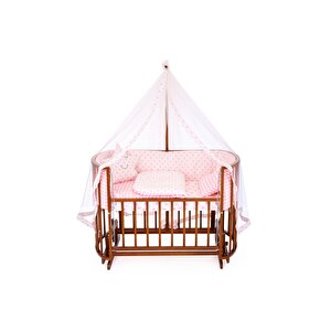 Ahşap Beşik Anne Yanı Beşik Ceviz 60x120 Pembe Yıldız Uyku Seti Yatak Tekerlekli