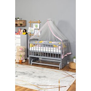 Ahşap Beşik Anne Yanı Beşik Gri 60x120 - Pembe Sarı Örgü Uyku Seti Seti + Yatak