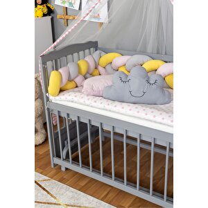 Ahşap Beşik Anne Yanı Beşik Gri 60x120 - Pembe Sarı Örgü Uyku Seti Seti + Yatak