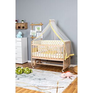 Ahşap Beşik Anne Yanı Beşik Organik 70x130 - Sarı Yıldız 1 Yastıklı Uyku Seti + Yataklı + Tekerlekli