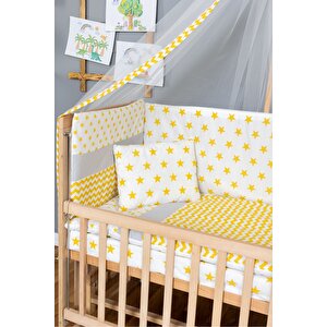 Ahşap Beşik Anne Yanı Beşik Organik 70x130 - Sarı Yıldız 1 Yastıklı Uyku Seti + Yataklı + Tekerlekli