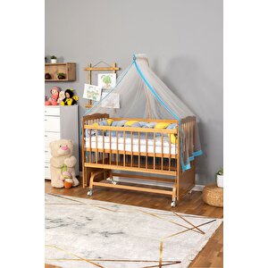 Ahşap Beşik Anne Yanı Beşik Vernikli 60x120 - Mavi Sarı Örgü Uyku Seti Seti + Yatak + Tekerlekli