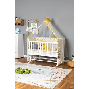 Ahşap Beşik Anne Yanı Beşik Beyaz 60x120 - Sarı Yıldız 3 Yastıklı Uyku Seti + Yataklı