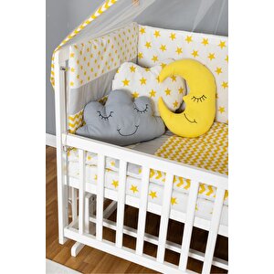 Ahşap Beşik Anne Yanı Beşik Beyaz 60x120 - Sarı Yıldız 3 Yastıklı Uyku Seti + Yataklı