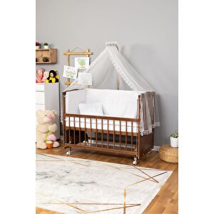 Ahşap Beşik Anne Yanı Beşik Ceviz 60x120 - Beyaz Güpür Uyku Seti + Yatak + Tekerlekli
