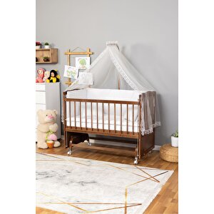 Ahşap Beşik Anne Yanı Beşik Ceviz 60x120 - Beyaz Güpür Uyku Seti + Yatak + Tekerlekli