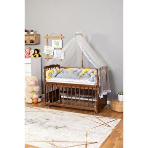 Ahşap Beşik Anne Yanı Beşik Ceviz 60x120 - Mavi Sarı Örgü Uyku Seti Seti + Yatak