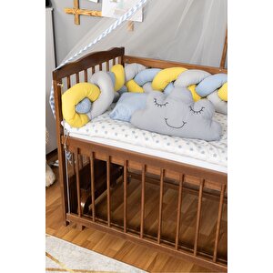 Ahşap Beşik Anne Yanı Beşik Ceviz 60x120 - Mavi Sarı Örgü Uyku Seti Seti + Yatak