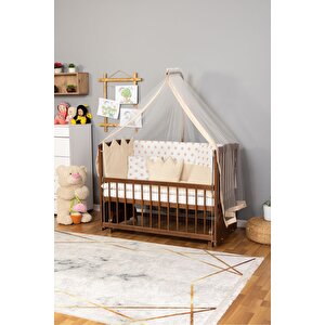 Ahşap Beşik Anne Yanı Beşik Ceviz 60x120 - Krem Nakış(yazısız) Uyku Seti + Yatak