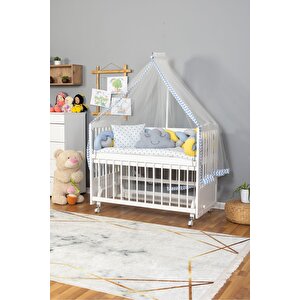 Ahşap Beşik Anne Yanı Beşik Beyaz 60x120 - Mavi Sarı Örgü Uyku Seti Seti + Yatak + Tekerlekli