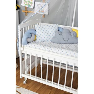 Ahşap Beşik Anne Yanı Beşik Beyaz 60x120 - Mavi Sarı Örgü Uyku Seti Seti + Yatak + Tekerlekli