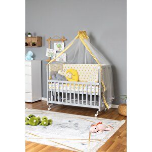 Ahşap Beşik Anne Yanı Beşik Gri 60x120 - Sarı Yıldız 3 Yastıklı Uyku Seti + Yataklı + Tekerlekli