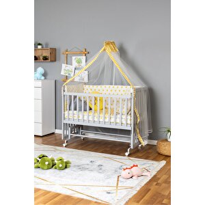 Ahşap Beşik Anne Yanı Beşik Gri 60x120 - Sarı Yıldız 3 Yastıklı Uyku Seti + Yataklı + Tekerlekli