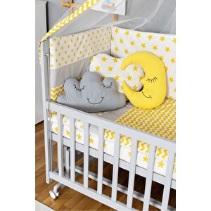 Ahşap Beşik Anne Yanı Beşik Gri 60x120 - Sarı Yıldız 3 Yastıklı Uyku Seti + Yataklı + Tekerlekli