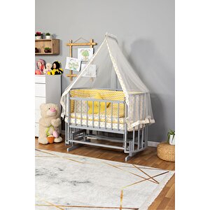 Ahşap Beşik Anne Yanı Beşik Gri 60x120 Sarı Yıldız Uyku Seti Yatak