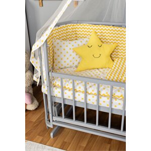 Ahşap Beşik Anne Yanı Beşik Gri 60x120 Sarı Yıldız Uyku Seti Yatak