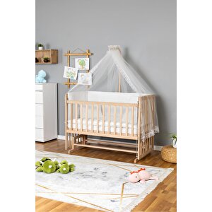 Ahşap Beşik Anne Yanı Beşik Organik 70x130 - Beyaz Güpür Uyku Seti + Yataklı