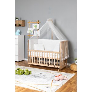 Ahşap Beşik Anne Yanı Beşik Organik 60x120 - Beyaz Güpür Uyku Seti + Yataklı