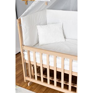 Ahşap Beşik Anne Yanı Beşik Organik 60x120 - Beyaz Güpür Uyku Seti + Yataklı