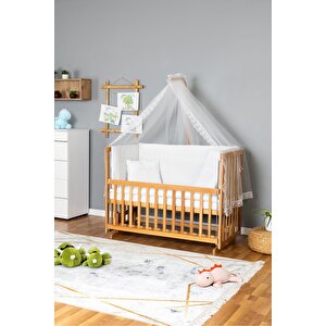 Ahşap Beşik Anne Yanı Beşik Vernikli 60x120 - Beyaz Güpür Uyku Seti + Yataklı