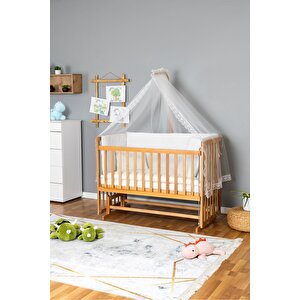 Ahşap Beşik Anne Yanı Beşik Vernikli 60x120 - Beyaz Güpür Uyku Seti + Yataklı