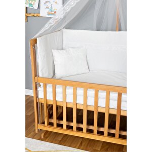 Ahşap Beşik Anne Yanı Beşik Vernikli 60x120 - Beyaz Güpür Uyku Seti + Yataklı