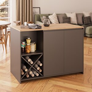 Vino L5120 Mutfak Adası 127cm Sepet Ahşap Üst Antrasit Alt Şaraplık Oturmalı Depolamalı Çok Amaçlı Masa