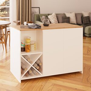 Vino L5110 Mutfak Adası 127 Cm Sepet Ahşap Üst Beyaz Alt Şaraplık Depolamalı Oturmalı Çok Amaçlı Masa