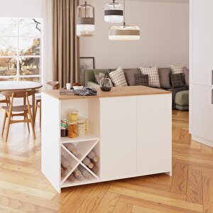 Vino L5110 Mutfak Adası 127 Cm Sepet Ahşap Üst Beyaz Alt Şaraplık Depolamalı Oturmalı Çok Amaçlı Masa