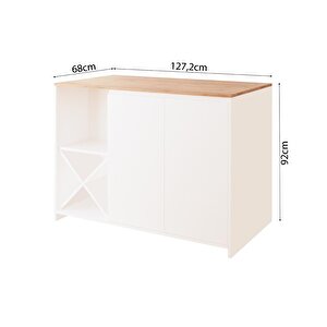 Vino L5110 Mutfak Adası 127 Cm Sepet Ahşap Üst Beyaz Alt Şaraplık Depolamalı Oturmalı Çok Amaçlı Masa
