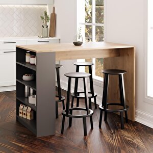 Pablo L4920 Bar Masası 120 Cm Sepet Ahşap Beyaz 4 Raflı Açık Depolamalı Oturmalı Modern Mutfak Masası