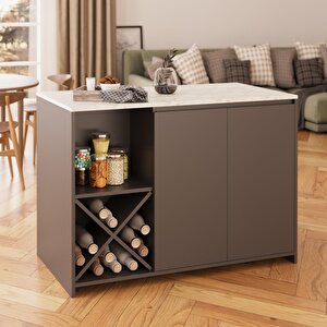 Vino L5130 Mutfak Adası 127cm Mermer Üst Antrasit Alt Şaraplık Depolamalı Oturmalı Çok Amaçlı Ada Masa