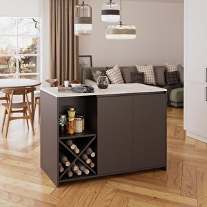 Vino L5130 Mutfak Adası 127cm Mermer Üst Antrasit Alt Şaraplık Depolamalı Oturmalı Çok Amaçlı Ada Masa
