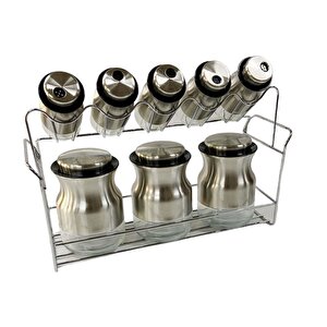 Baharat Takımı 8 Parça Metal Kaplama Standlı Baharat Takımı İnox