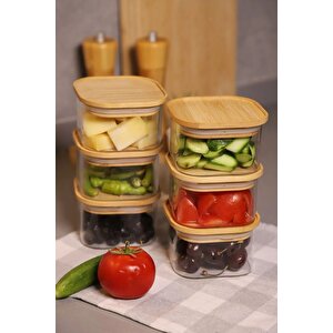Vakumlu Bambu Kapaklı Cam Saklama Düzenleme Kahvaltılık Takımı 6 Lı Set