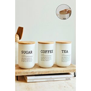Mutfak Bambu Kapaklı Beyaz Cam Çay Şeker Kahve Saklama Kavanoz Takımı Baharatlık Beyaz 810 Ml * 3