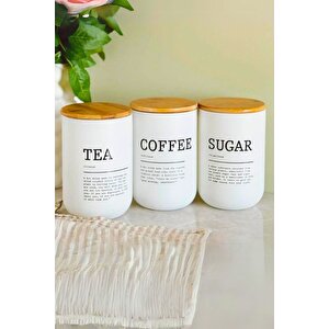 Mutfak Bambu Kapaklı Beyaz Cam Çay Şeker Kahve Saklama Kavanoz Takımı Baharatlık Beyaz 810 Ml * 3